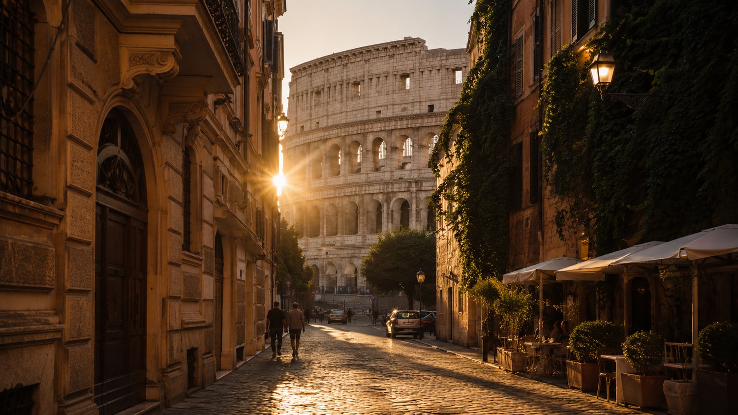 Historic Rome street with the Colosseum