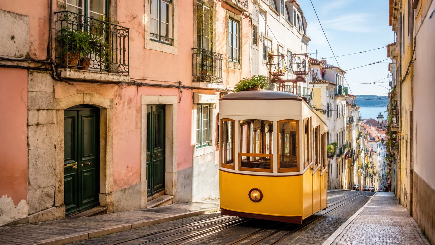 Lisbon neighborhood street with iconic yellow tram